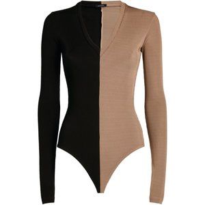 GOLDSIGN Two-tone ribbed stretch-jersey thong bodysuit